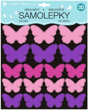Samolepky na zeď 3D růžovofialoví motýli 2 archy 35 ks 25x16 cm+25x25cm 