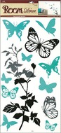 1030 Samolepky na zeď černošedá s tyrkysovými motýli, 69x32cm-1