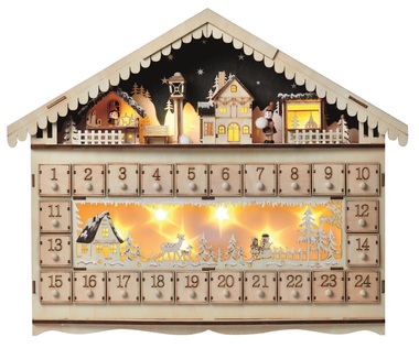 Adventní kalendář dřevěný 49 x 40 cm, 10 LED teplá bílá + časovač