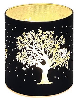 Svítící skleněný válec s motivem stromu – černý, 10 x 9 cm, teplá bílá, 10 LED, časovač