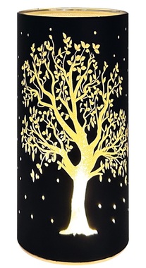 Svítící skleněný válec s motivem stromu – černý, 20 x 9 cm, teplá bílá, 10 LED, časovač