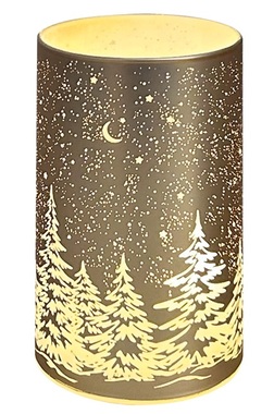 Svítící skleněný válec s motivem krajiny – zlatý, 12,8 x 7,5 cm, teplá bílá, 10 LED, časovač