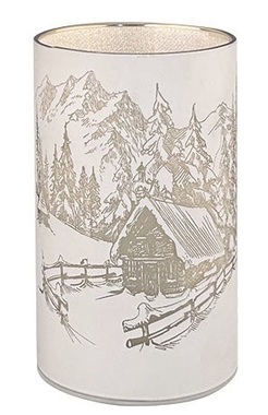 Svítící skleněný válec s horami – šedý, o 9 x 20 cm, teplá bílá, 10 LED, časovač