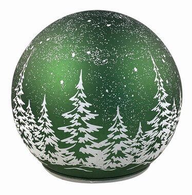 Svítící skleněná koule s motivem krajiny – zelená, o 12 x 11 cm, teplá bílá, 10 LED, časovač