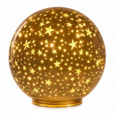 Svítící skleněná koule s hvězdičkami – champagne, o 15 x14 cm, teplá bílá, 10 LED, časovač