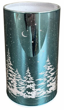Svítící skleněný válec s motivem krajiny – modrý lesk, o 7,5 x 12,8 cm, teplá bílá, 10 LED, časovač