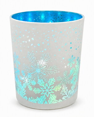 Svítící skleněný válec s motivem vloček – bílý s modrým, o 9 x 12 cm, teplá bílá, 10 LED, časovač