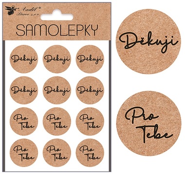Samolepky Děkuji a Pro tebe 12 ks, průměr 3 cm, 11 x 18 cm