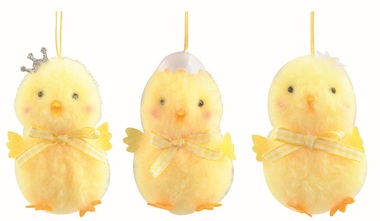 Kuře s dekorací na hlavě žluté 6,5 x 9 x 6 cm na zavěšení 