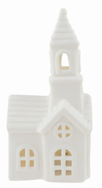 Svíticí porcelánový Kostel 6,5 x 13 x 5,5 cm, teplá bílá, 1 LED, časovač