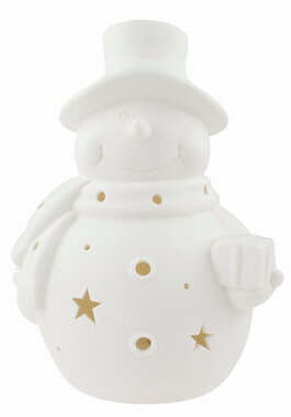 Svíticí porcelánový Sněhulák 11 x 16 x 10 cm, teplá bílá, 1 LED, časovač