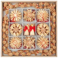 Slaměné dekorace v dřevěné krabičce 51 ks s řetězem 2m