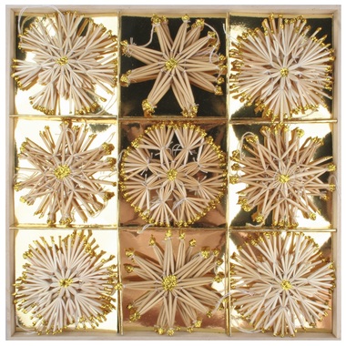 Slaměné ozdoby se zlatými glitry na zavěšení 11 cm, 27 ks