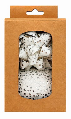 Sada na balení dárků stříbrné hvězdy, rozeta 6,5 cm 2 ks, stuha 1 cm x 20 m 1 ks