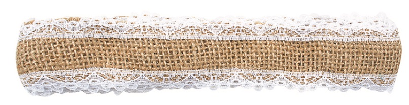 Stuha jutová s bílou krajkou šířka 3,5 cm, 2 m (2839)