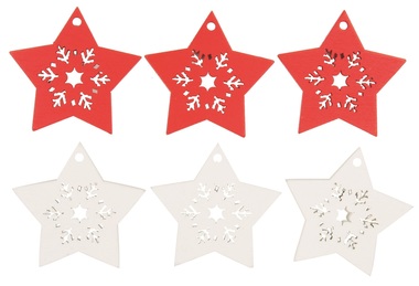 Hvězda dřevěná s lepíkem 4,5 cm, červená a bílá, 6 ks