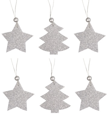 Stromek nebo hvězda se stříbrnými glitry k zavěšení 7 cm, 6 ks