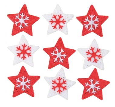 Hvězdy filcové  červené a bílé s lepíkem 3 cm, 9 ks v sáčku