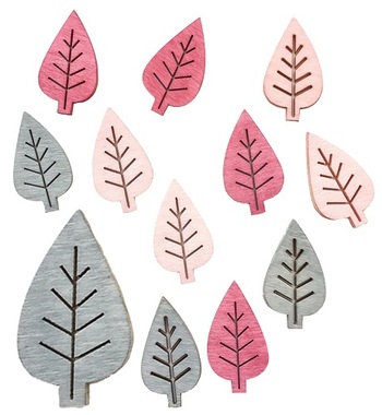 Dřevěné listy šedé a růžové 4 cm, 12  ks 