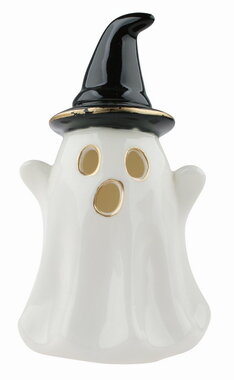Svítící porcelánový Duch s kloboukem 7,5 x 13 x 7,5 cm, teplá bílá, 1 LED, časovač