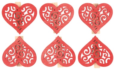 Srdce dřevěné červené s kolíčkem 4 cm, 6 ks