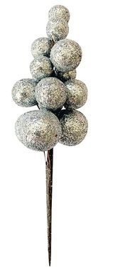 Větvička stříbrných bobulí s glitry 13 cm, 2 ks