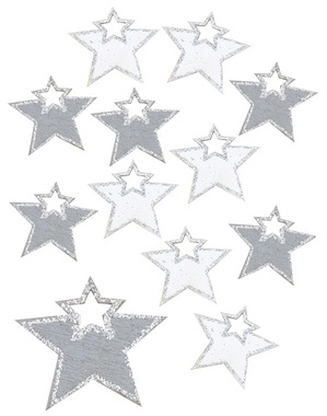 Hvězda dřevěná s lepíkem 4 cm šedá a bílá, 12 ks