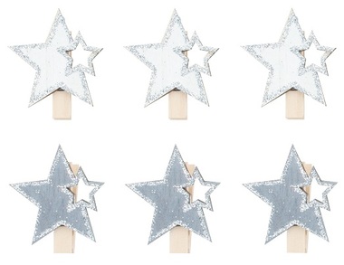 Hvězda dřevěná se stříbrnými glitry na kolíčku 4 cm šedá a bílá, 6 ks