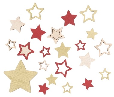 Hvězda dřevěná červená, zlatá a přírodní 2,5 cm 12 ks + 3,5 cm 12 ks