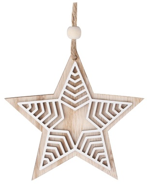 Hvězda s bílým dekorem dřevěná na zavěšení 10 cm
