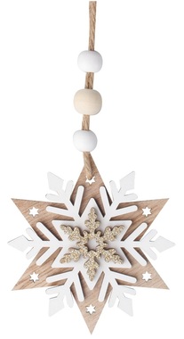 Vločka s bílým dekorem dřevěná s glitrem na zavěšení 7,5 cm