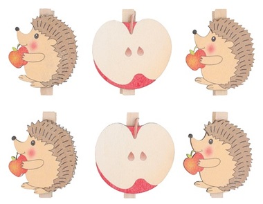 Dřevění ježci a jablíčka na kolíčku 4 cm, 6 ks 
