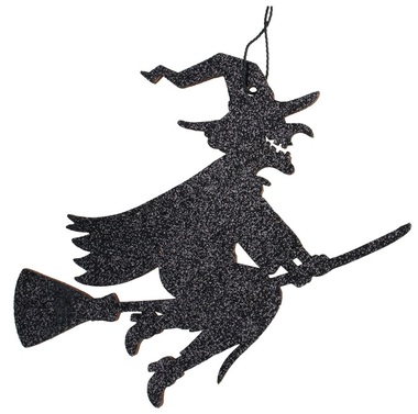 Čarodějka dřevěná s glitrem na zavěšení 14 x 11.5 cm