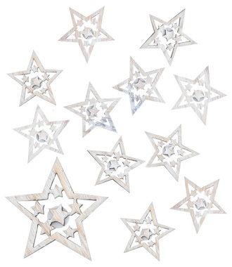 Hvězda dřevěná s lepíkem 4 cm, 12 ks, přírodní