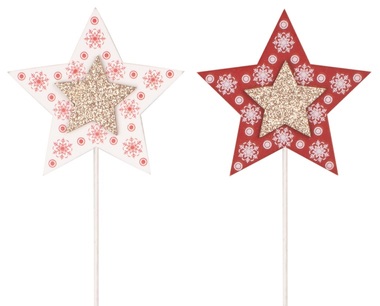 Dřevěné hvězdy na špejli s glitry 8 cm + špejle, 2 ks 
