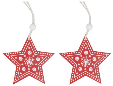 Dřevěné hvězdy na zavěšení červené 8 cm, 2 ks v sáčku 