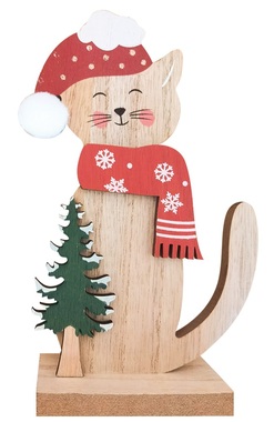 Dřevěná kočka v čepici na postavení 21,5 cm 
