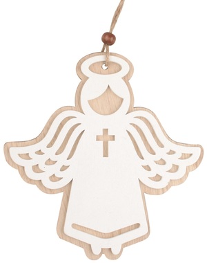 Dřevěný anděl na zavěšení s křížkem 15 cm 