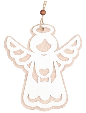 Dřevěný anděl na zavěšení se srdíčkem 15 cm 