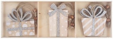 Dřevěné dárky na zavěšení stříbrné glitry 8 cm, 6 ks v krabičce 