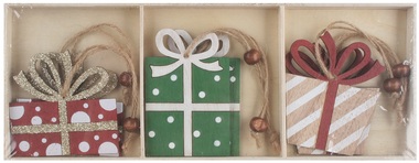 Dřevěné dárky na zavěšení barevné 8 cm, 6 ks v krabičce