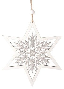 Hvězda s vločkou dřevěná na zavěšení 15 cm, bílá 