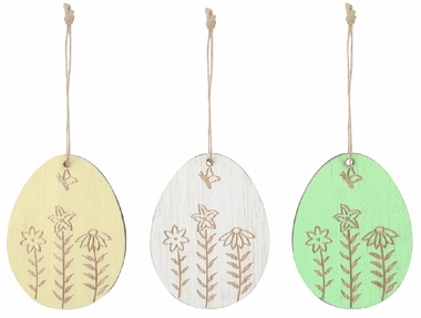 Vejce dřevěné 5 x 7 x 0,5 cm na zavěšení, 6 ks v krabičce