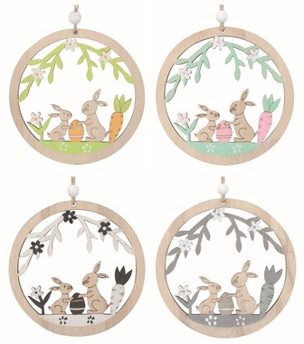 Velikonoční dekorace Zajíc v kruhu ze dřeva 10 x 10 x 0,5 cm na zavěšení