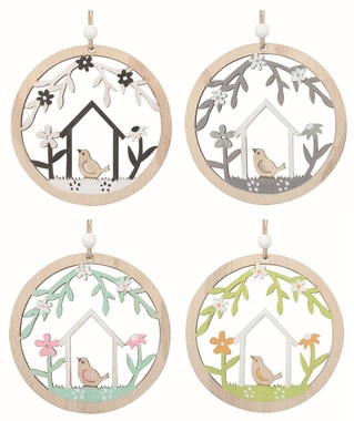 Jarní dekorace Pták v kruhu ze dřeva10 x 10 x 0,5 cm na zavěšení