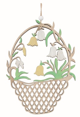 Vyřezávaný košík se žlutými květy dřevěný 11 x 15 x 0,5 cm na zavěšení