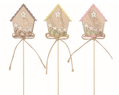 Domek s ptákem dřevěný 5 x 6 x 0,5 cm + špejle