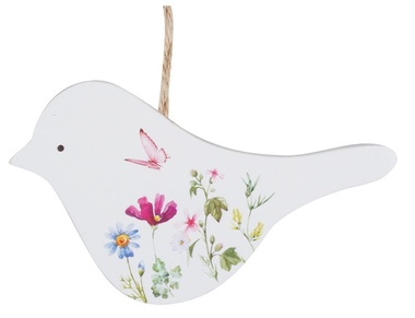 Dřevěný ptáček bílý s květinovým vzorem na zavěšení 13,5 cm