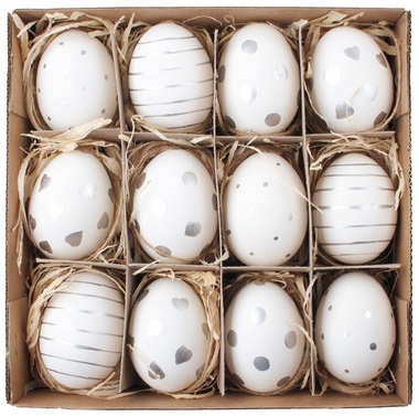 Vajíčka se stříbrným zdobením 6 cm, 12 ks v krabičce