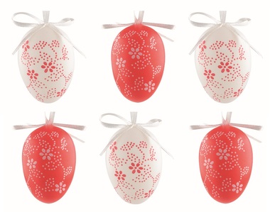 Velikonoční vejce plastová Květiny červené a bílé 4 cm na zavěšení, 6 ks v sáčku